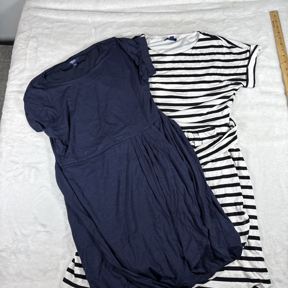 Chaps Womens Medium Short Sleeve Knit Dress Bundle Navy Blue & Striped 2 Pack